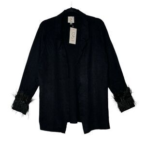 Sioni‎ Cardigan Women XL Black Feather Cuff Long Sleeve Open Front Holiday New